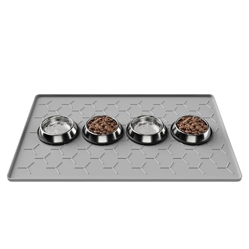 Pieviev 34''x22'' Dog Cat Food Bowl Mat, Silicone Waterproof Food Grade Pet Food Mat for Floor, High Raised Edge to Prevent Spills, Non-Slip & Easy Clean Pet Placemat for Dog & Cat Bowls, Light Gray - color: Light Gray, size: L-34''X22''