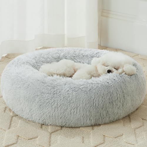WNPETHOME Calming Dog Bed Cat Bed Donut, Faux Fur Pet Bed Self-Warming Donut Cuddler, Comfortable Round Plush Dog Beds(20 x 20 x 8 Inch, Light Grey) - color: light grey, size: 20"L x 20"W x 8"Th
