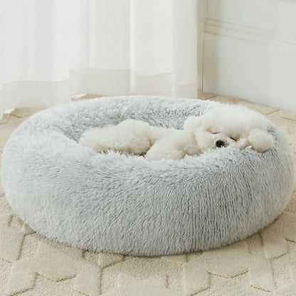 WNPETHOME Calming Dog Bed Cat Bed Donut, Faux Fur Pet Bed Self-Warming Donut Cuddler, Comfortable Round Plush Dog Beds (24 x 24 Inch, Light Grey) - color: light grey, size: 24"L x 24"W x 8"Th