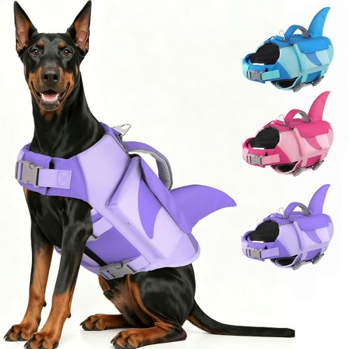 Dog Life Jacket Shark– High Flotation Dog Life Vest with Reflective Stripes, Pet Swimming Vest with Rescue Handle for Small Medium and Large Dogs, Suitable for Swimming & Boating – Purple M - color: Purple, size: Medium