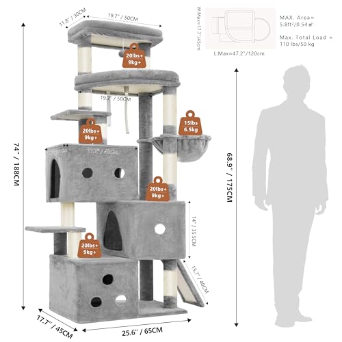 Heybly Cat Tree, 74-Inch Streamlined Cat Tower for Large Cats with 3-Tier Stacked Condos, Cat Furniture with Large Perch, Sturdy Base, Full Sisal Scratching Posts & Ramp, Light Gray HCT061W - color: Light Gray