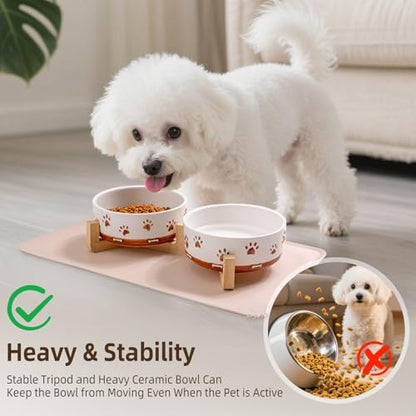 Dog Bowls with Wood Stand, 1.7 Cups Ceramic Puppy Bowls with Mat for Small Dog Weighted Water and Food Bowl Set for Dogs Cats, Non-Slip Pet Feeding Dish 13.5 Oz - size: 1.7 Cups