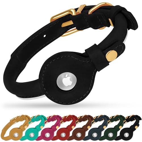 OOPSDOGGY Rolled Leather Dog Collar with Airtag Holder - Reflective Round Airtag Dog Collar - Soft Tracking Pet Collar for Small Dogs Puppy Cats Kitten (Black, XXS, 7"-9") - color: Black, size: XXS, 7"-9"