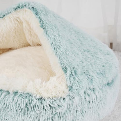 Cat Bed Round Fluffy Hooded Cat Bed Cave, Anti-Anxiety Cave Bed with Hooded Blanket, Cozy Cuddler Luxury Puppy Pet Bed, Anti-Slip Bottom and Machine Washable (Green, Large) - color: Green, size: Large