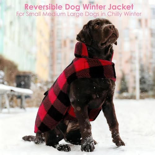 AOFITEE Reversible Dog Coat, Warm Winter Jacket, Thick Padded Vest with Leash Hole, Cotton Material, Plaid Print, Small (23'' Chest) - color: Red, size: Small