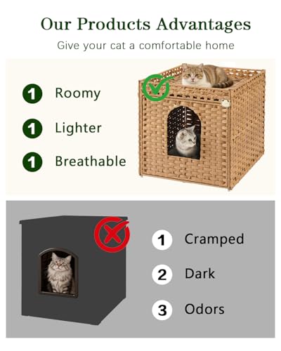 SETVSON Cat Litter Box Enclosure Furniture, Large Hidden Litter Box Furniture, Handwoven Rattan Cat House Cabinet, One Mat, Two S-Shaped Hooks, Living Room, Apartment 21.6 X 26 X 21.6 Inches, Natural - color: Natural, size: XL