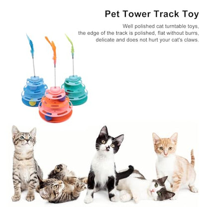 Cat Ball Track Toys, Creative Feather Toy, consisting of 3 Balls and a Feather Stick, Tower-Shaped cat Intelligence Toy, Suitable for Chasing Games with Kittens. (Blue) - color: Blue