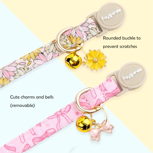 Faygarsle 2 Pack Pink Bow Floral Pattern Cat Collars Breakaway Safety Collar with Bell Spring Summer Design for Girl Cats,Pink Yellow - color: Pink Bow&Yellow Flower