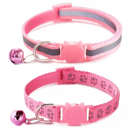Pink Breakaway Cat Collar with Bells, [2 Pack] Break Away Kitten Collar with Bells, Reflective Cat Collar for Girl Cats Kitty - color: Pink