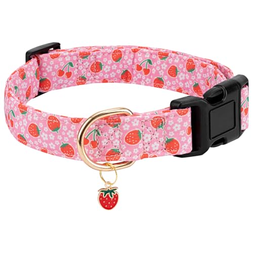 Personalized Dog Collars,Adjustable Puppy Collars with Safety Buckle for Small Medium Large Dogs,Cute and Unique Pink Cherry Pattern Pet Collar for Boy Girl Dogs. (Pink Strawberry, S) - color: Pink Strawberry, size: S