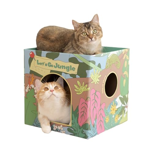 CHICHIPAWS Cardboard Cat Scratcher House with 2 Scratch Boards – Peekaboo Cave & Hideaway, Playhouse for Indoor Pets, Corrugated Scratching Cube for Kittens, Rest Box Bed with Catnip, Durable Fun