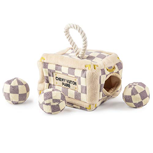Haute Diggity Dog Chewy Vuiton Trunk Puzzle with 3 Plush Squeaky Dog Toys, Soft Durable Designer-Inspired Stuffed Puppy Chew Toys for Small & Medium Dogs, Machine-Washable (Tan Checker) One Size - color: Brown Trunk, size: One Size