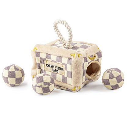 Haute Diggity Dog Chewy Vuiton Trunk Puzzle with 3 Plush Squeaky Dog Toys, Soft Durable Designer-Inspired Stuffed Puppy Chew Toys for Small & Medium Dogs, Machine-Washable (Tan Checker) One Size - color: Brown Trunk, size: One Size