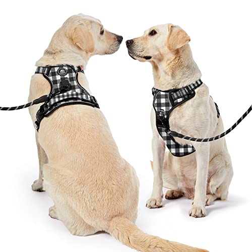 Dog Harness (Checkered Black,S) with Leash, Reflective, Adjustable, Soft Padded, Easy Control Handle, for Small Dogs, Front & Rear Clip Design - color: Checkered Black, size: 【S】neck 11-15" chest 15-21"
