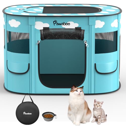 Dog Playpen, Portable Pet Cat PlayPen, 600D Oxford Dog Kennel Tent Crate, Breathable&Waterproof, Outdoor Indoor Travel Camping for Medium/Large Breed with Carrying Case+Bowl, L, Blue + White Clouds - color: Blue + White Clouds, size: Large(35"x28"x24")