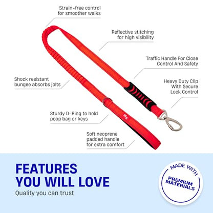 Dog Friendly Co. Bungee Dog Leash | Strain Free & Shock Resistant for Control | Neoprene Padded Handle, Heavy-Duty Carabiner Clip, and D-Ring | Red, Size Regular - color: Red, size: Regular