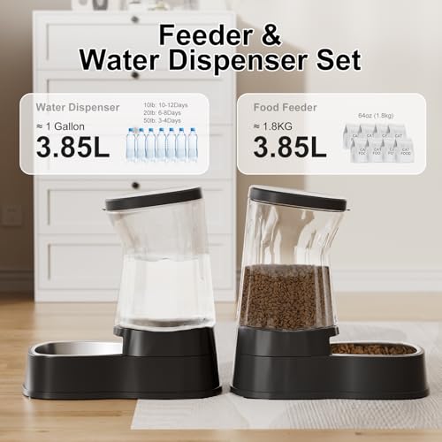 Automatic Pets Gravity Feeder and Water Dispenser Set with Stainless Steel Bowl, 1Gallon x 2 Stable Dog Food Feeder and Waterer, 100% BPA-Free for Small&Medium Dogs, Cats, Puppies(Black) - color: Black, size: 1 Gallon (Water & food dispenser)