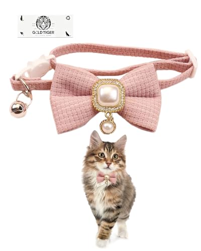 GoldTiger Cute Bowtie Cat Collar with Bell Breakaway, Jewelry Pendant for Girl Cats, Adjustable 8-13 Inch for Kitten (Pink)