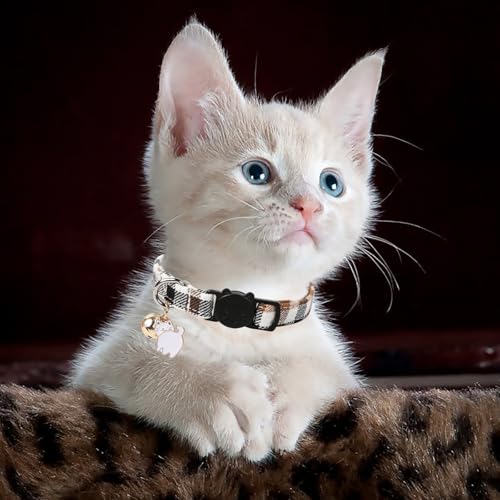 Unique style paws 2 Pack Kitten Collar Breakaway with Bell & Pendant, Adjustable Safety Cat Cotton Collars for Girl Boy Cats and Small Pets - color: brown yellow grid