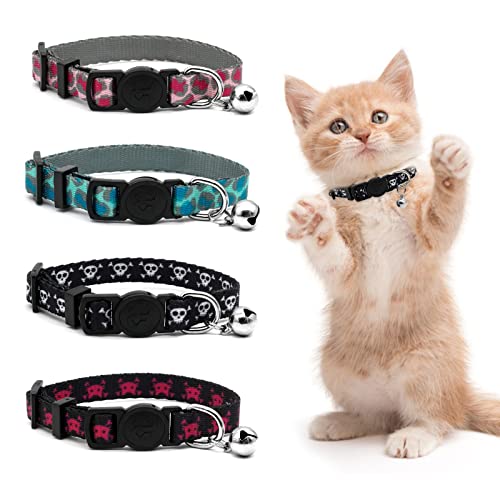 4 Pack Halloween Kitten Collar Breakaway,Quick Release Safe Buckle Adjustable Kitten Collars, Skull Crossbones, Crossbones, Pink Leopard and Blue Leopard - color: 4#Leopard grain, size: Kitten(Neck:6"-8")