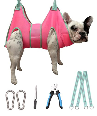 Kkiimatt Dog Grooming Hammock, Medium Hanging Harness Holder Hanger for Nail Clipping,Nail Trimming Hammock,Dog Sling Restraint with Thick Fabric Neck Support for Claw Care - color: Medium 26-45LB/Pink