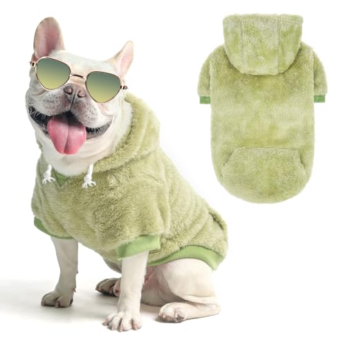 SCENEREAL Fleece Dog Sweaters Hoodie for Small Medium Large Dogs Girls Boys, Plush Fuzzy Dog Clothes Hoodies with Leash Hole, Winter/Fall Puppy Cold Weather Coat, Sherpa Hooded Sweatshirt, Green SM - color: Green, size: Small-Medium