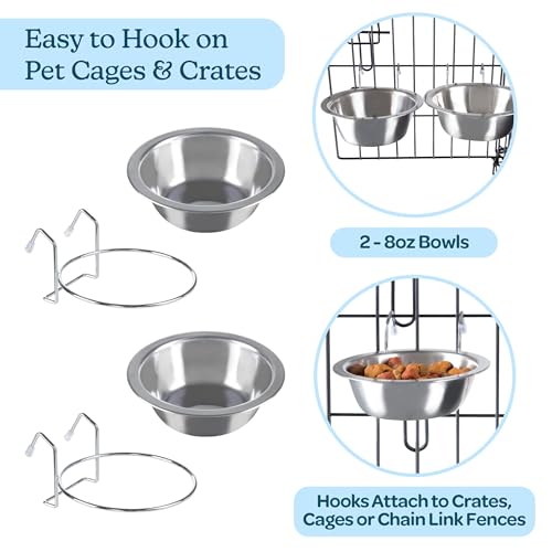 Set of 2 Stainless-Steel Dog Bowls - Cage, Kennel, and Crate Hanging Pet Bowls for Food and Water - 8oz Each and Dishwasher Safe by PETMAKER, Silver - size: 8oz