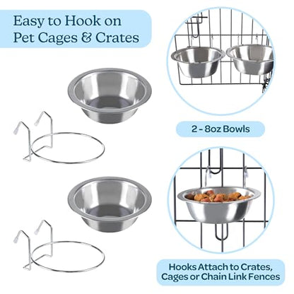 Set of 2 Stainless-Steel Dog Bowls - Cage, Kennel, and Crate Hanging Pet Bowls for Food and Water - 8oz Each and Dishwasher Safe by PETMAKER, Silver - size: 8oz