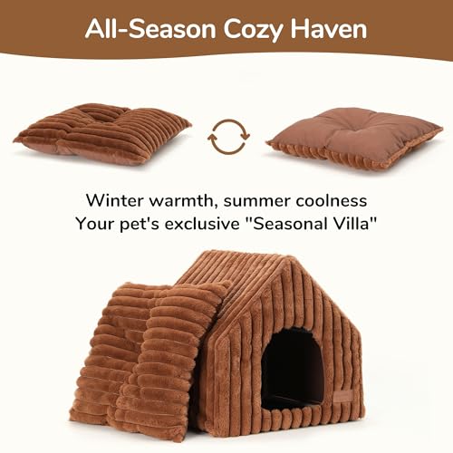 FUKUMARU Cat Houses for Indoor Cats, Washable Cute Cat Bed Cave with Removable Pillow, Large Semi-Enclosed Cozy Dog House Indoor, Soft Faux Rabbit Fur Kitten Bed, 17.5-Inch Durable Cat Hideaway, Brown - color: Brown