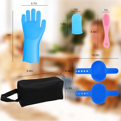 7 Pcs Bathing Kit with Storage Bag for Dogs & Cats Includes Pet Grooming Gloves, Dog Bath Brush & Finger Toothbrush All-in-One Pet Care (Ocean Blue) - color: Ocean Blue