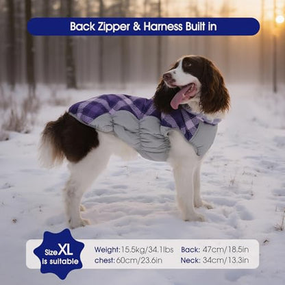 FUAMEY Dog Coat for Small Dogs,Waterproof Dog Winter Jacket with Harness Built in Puppy Cold Weather Coats Reflective Pet Vest with Zipper Warm Fleece Dogs Snowsuit Windproof Purple Plaid XS - color: Purple Plaid, size: XS(chest:14in)