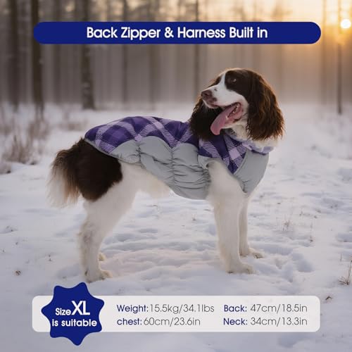 FUAMEY Dog Coat for Small Dogs,Waterproof Dog Winter Jacket with Harness Built in Puppy Cold Weather Coats Reflective Pet Vest with Zipper Warm Fleece Dogs Snowsuit Windproof Purple Plaid XS - color: Purple Plaid, size: XS(chest:14in)