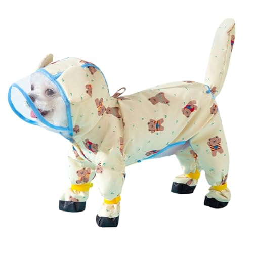 Junchl Small Dog Raincoat Rainboots with D-Ring, Full Coverage Dog Rain Jacket Slicker Poncho, Waterproof Dog Rain Jacket with Reflective Strip, Rainboot, Tail Cover Yellow Bear XS - color: Yellow Bear, size: XS:Back 8"(1-2lb)