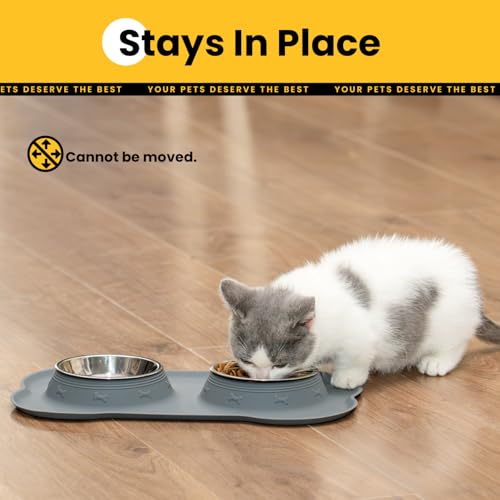 Conlun Dog Bowls with Silicone Feeding Mat,No Spill Food Water Dish Set,Dishwasher Safe,2 Stainless Steel Puppy Bowls with Dogs Bandanas,Suitable for Tiny Pets Under 8lbs,Extra Small,Grey - color: Grey, size: Extra Small-5 oz