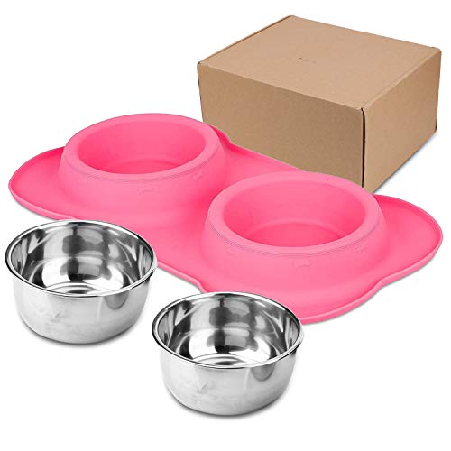 Dog Food Bowls Stainless Steel Pet Food Bowls & Dog Water Bowls, Dog Bowls Silicone Mat No Spill Non-Skid Feeding Bowls for Small Size Dog Puppy Cat Food Dish, Pink, 3 Cup/24oz, Set of 2 Bowls - color: Pink, size: 3 Cup/27 oz each