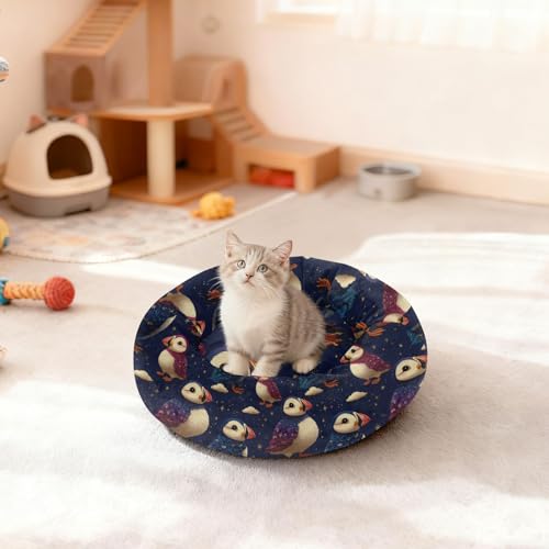Calming Donut Dog Bed Puffins Blue Purple Design, 22" Washable Pet Lounger with Removable Cover, Cozy Cushion Comfort Nest for Medium Dogs - size: Medium
