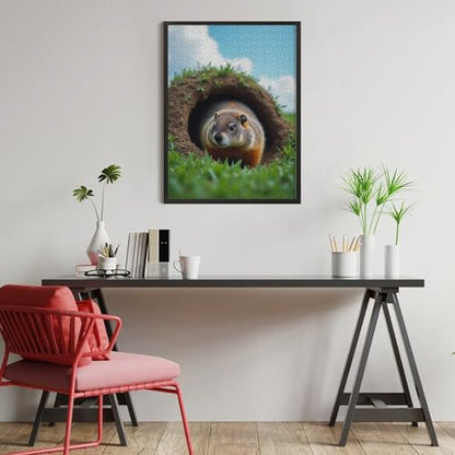 Groundhog Pops Out Hole Groundhog Day 1000-Piece Wooden Jigsaw Puzzle, Fun Groundhog Illustration, Family Entertainment, Relaxing Puzzle Time - color: #7