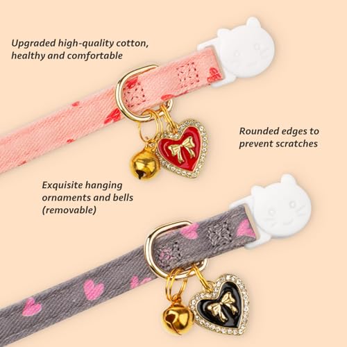 2 Pack Cotton Breakaway Cat Collar Pink and Gray Heart Shaped Pendant Cute Kitten Cat Collar with Bell - color: Pink&Gray