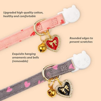 2 Pack Cotton Breakaway Cat Collar Pink and Gray Heart Shaped Pendant Cute Kitten Cat Collar with Bell - color: Pink&Gray