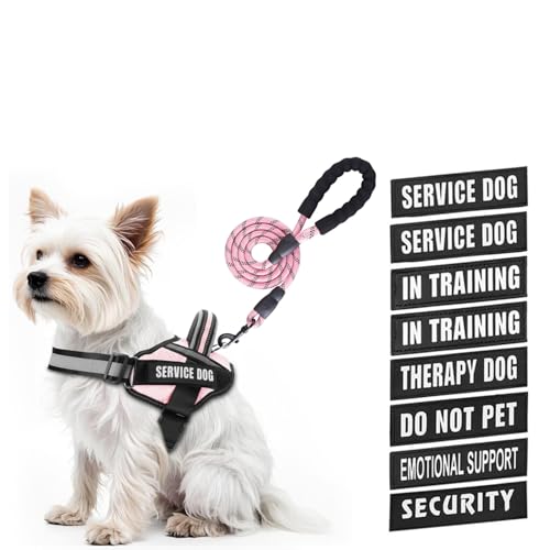 Service Dog Vest Harness and Leash Set, Animire in Training Dog Harness with 10 Dog Patches, Reflective Dog Leash with Soft Padded Handle for Small, Medium, Large, and Extra-Large Dogs - color: Pink, size: XXS
