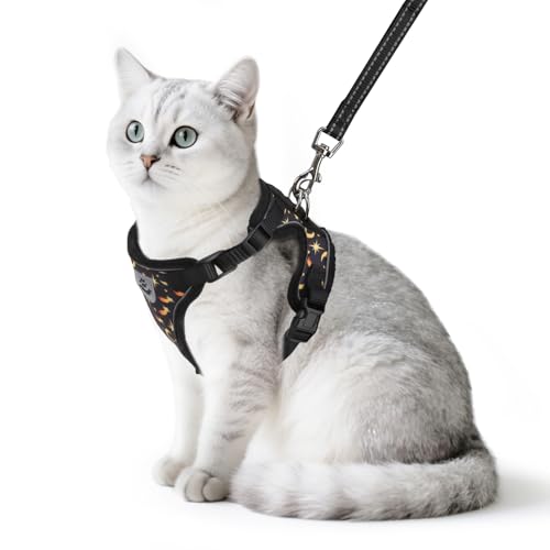 PUPTECK Cat Harness and Leash Set Escape Proof Reflective Cat Walking Harness Adjustable Soft Breathable Mesh Vest for Small Pets, Star&Moon, S - color: Black(Star&Moon), size: S (NECK 9.5"-11", CHEST 13"-16")
