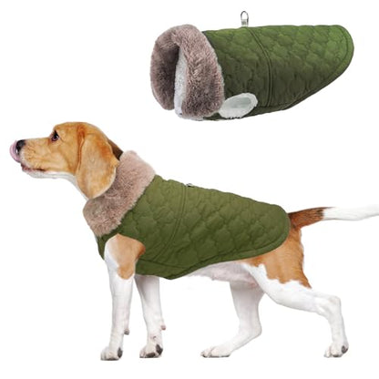 BEAUTYZOO Winter Dog Coat with Harness Built in, Warm Dog Puffer Jacket Vest Padded Fleece Cold Weather Coats Windproof Waterproof Snow Jackets Clothes for Small Medium Puppy, Green L - color: Army Green, size: L (Back: 17",Chest: 26")