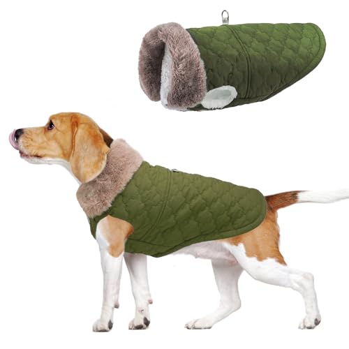 BEAUTYZOO Winter Dog Coat with Harness Built in, Warm Dog Puffer Jacket Vest Padded Fleece Cold Weather Coats Windproof Waterproof Snow Jackets Clothes for Small Medium Puppy, Green L - color: Army Green, size: L (Back: 17",Chest: 26")