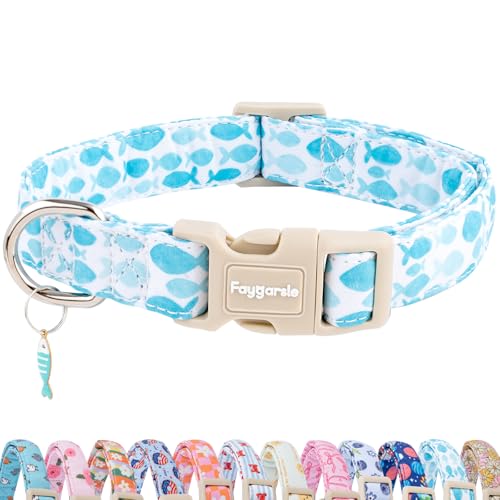Faygarsle Fish Pattern Dog Collar, Adjustable with Buckle, Blue and White, Summer Design for Small Medium Large Dogs L - color: Blue Fish, size: Large