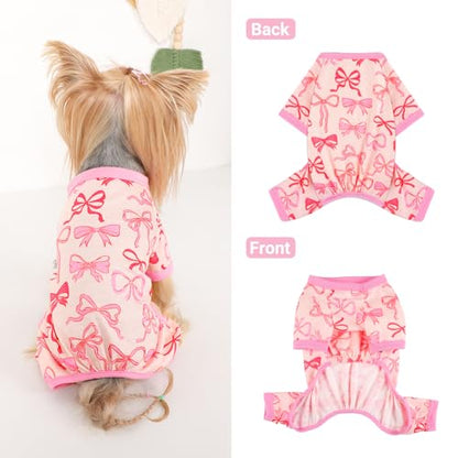 Dog Pajamas Small Sized Dogs Stretchable Summer Dog Clothes Pjs 4 Legs Girl Boy Cute Soft Puppy Outfits Doggie Cat Jammies Jumpsuit Sleeper for Pet (Bow Tie, Large) - color: Bow Tie, size: Large (Chest 17in )