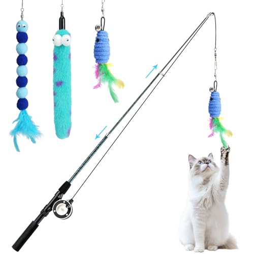 Pawaboo Cat Teaser Wand Toys, Cat Fishing Pole Toy with 3 Pack Feather Refills, 3-Section Retractable Kitten Feather Toys with Pulley, Indoor Cats Teaser Catcher Exerciser with Bell, Blue - color: Plush-Blue