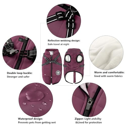 Dog Jackets Coat for Winter Windproof Waterproof Skiing Fleece Warm Dogs Vest with Chest Strap Belt Purple M - color: Violet, size: Medium