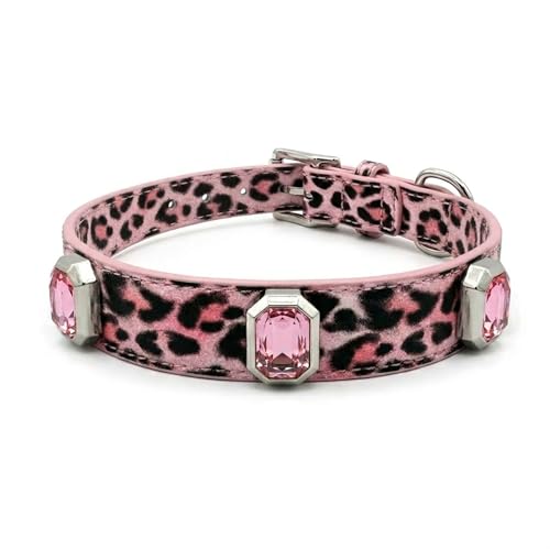 Luxury K9 Crystal Dog Collar -Waterproof Wear-Resistant Microfiber Leather with Hand-Set Rhinestone Gems, Durable Metal Buckle, Adjustable Bling Collar for Small Medium Large Dogs (Pink Leopard, M) - color: Pink Leopard, size: M(FIT,NECK:12.2"-15")