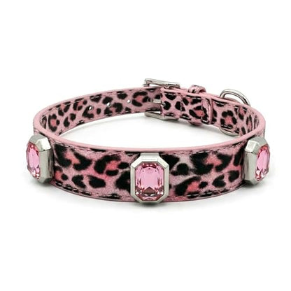 Luxury K9 Crystal Dog Collar -Waterproof Wear-Resistant Microfiber Leather with Hand-Set Rhinestone Gems, Durable Metal Buckle, Adjustable Bling Collar for Small Medium Large Dogs (Pink Leopard, M) - color: Pink Leopard, size: M(FIT,NECK:12.2"-15")