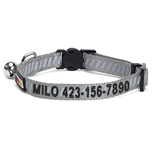 Pawtitas Personalized Cat Collar with Breakaway Safety Release Buckle Adjustable Length | Cat Collar with Custom Embroidered for Your Pet's Name and Phone Number | Grey Cat Collar with Removable Bell - color: Personalized Grey